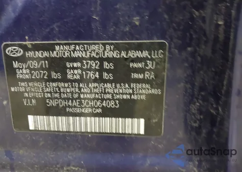 2012 Hyundai Elantra Gls z USA, uszkodzony, nr VIN 5NPDH4AE3CH064083